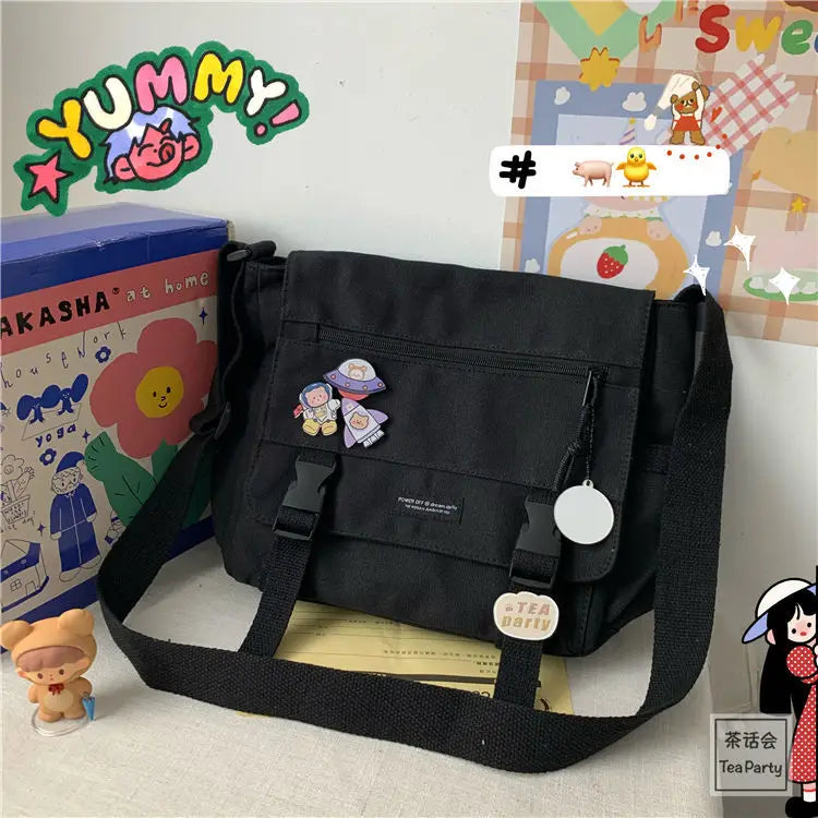 Harajuku Canvas Messenger Bag – Cute Badge Crossbody