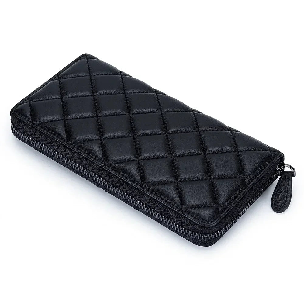 Leather Purse Women S Long Large Capacity Sheepskin Embroidered Diamond Check Zipper Wallet Mobile