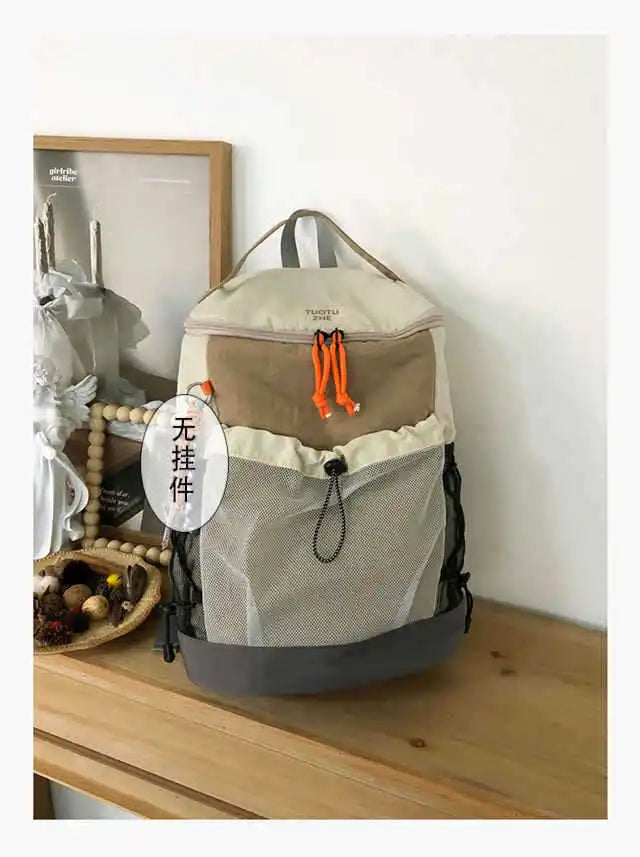Color Block Nylon Backpack Mesh Pocket Orange Drawstring Adjustable Straps Student School Outdoor