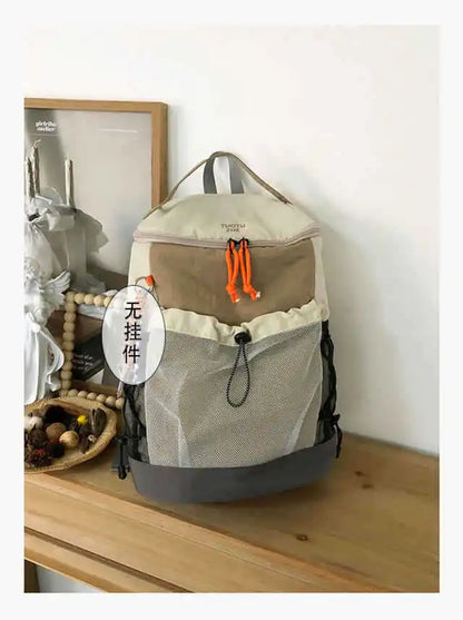 Color Block Nylon Backpack Mesh Pocket Orange Drawstring Adjustable Straps Student School Outdoor
