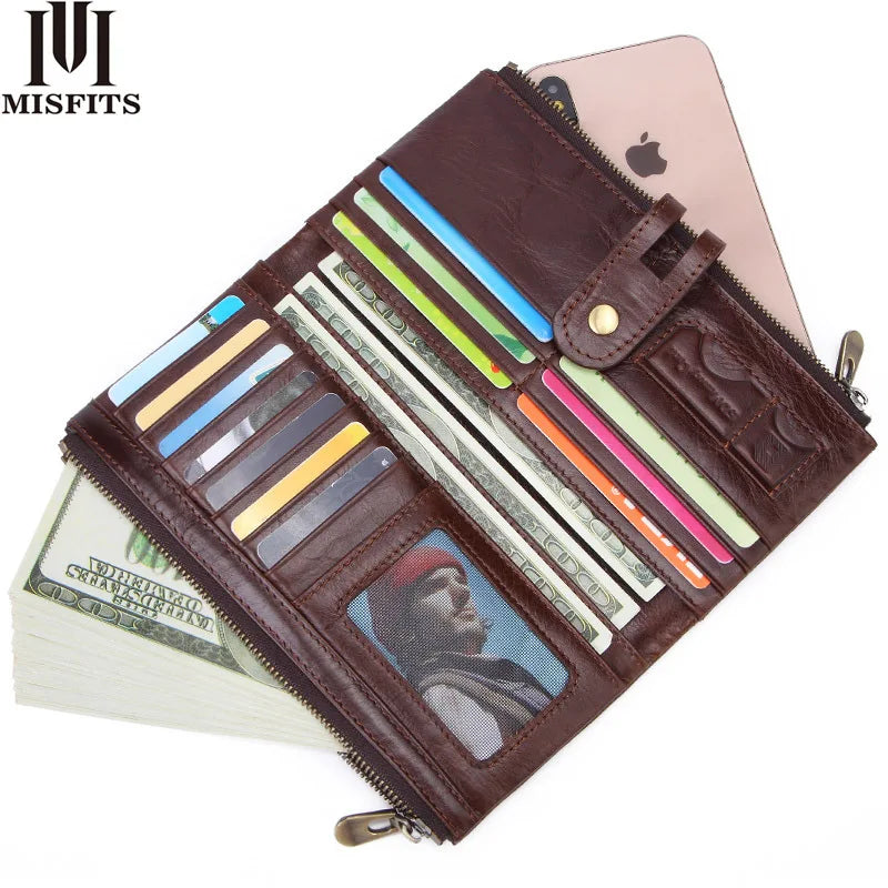 Men S Long Wallet Large Capacity Retro Real Leather Mobile Phone Storage Buckle Handheld Business