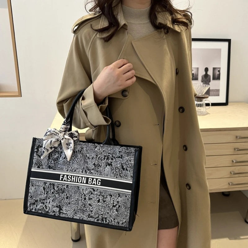 Stylish Jacquard Tote Bag Large Capacity Top Handle Bags Purse Silk Scarf Accent Women S Everyday
