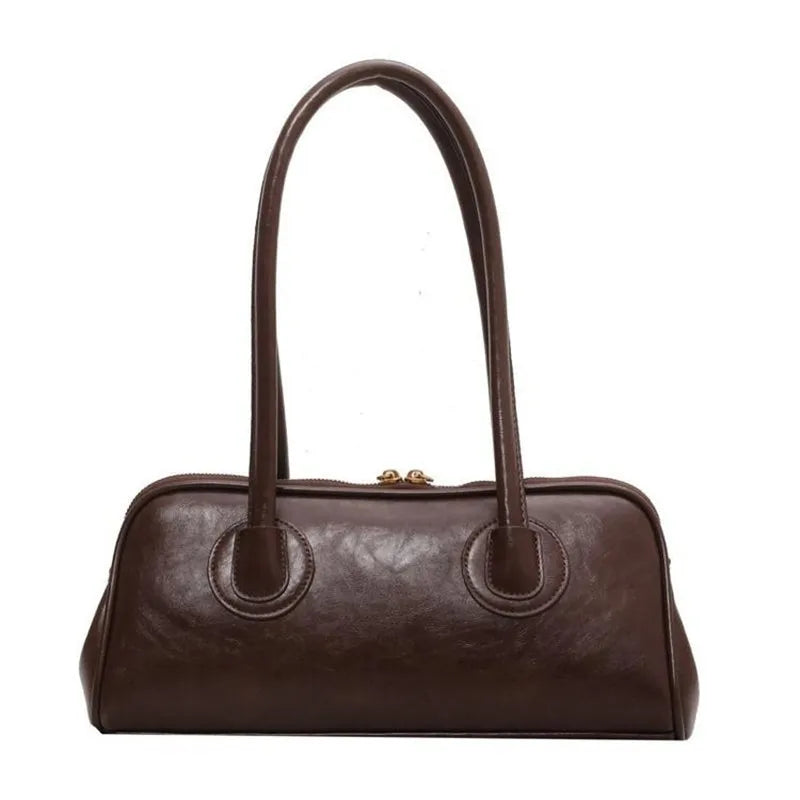 Retro Leather Baguette Shoulder Bag – Elegant Women's Handbag