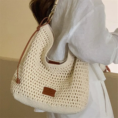 Woven Beach Bag – Women's Knit Shoulder Bag with Leather Strap