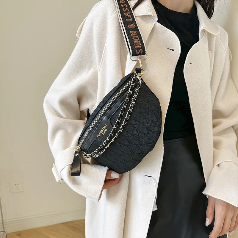 Crossbody Chest Bag with Chain Letter Pattern - Adjustable Waist Bag