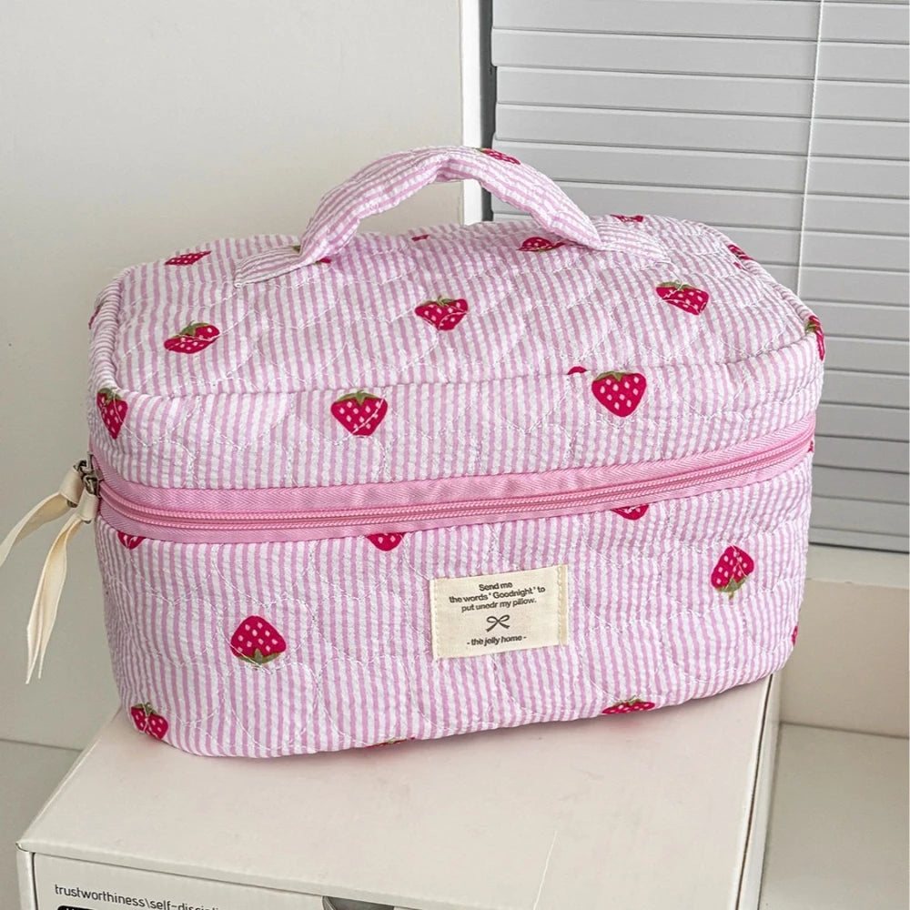 Pink Strawberry Women Cosmetic Quilted Bag Portable Travel Organizer Toiletry Makeup Storage Pouch
