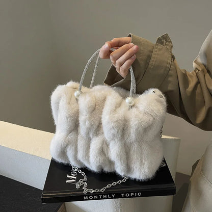 Faux Fur Crossbody Bag with Pearl Chain Strap
