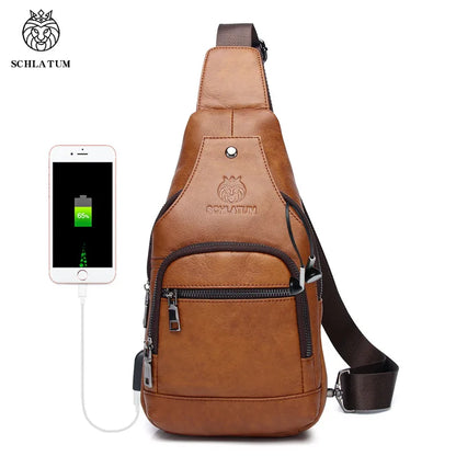 Top-Grain Cowhide Men S Genuine Leather Single-Shoulder Crossbody Chest Bag Retro Usb Front Shoulder