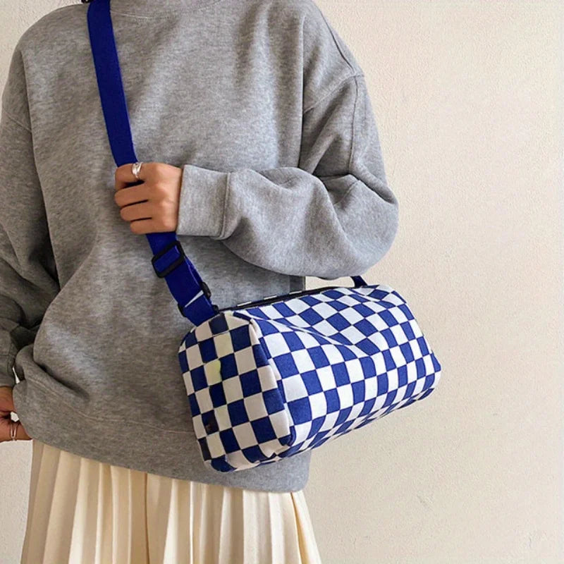 Chic Plaid Canvas Crossbody Bag Women - Adjustable Strap Sporty Boston Pillow Design