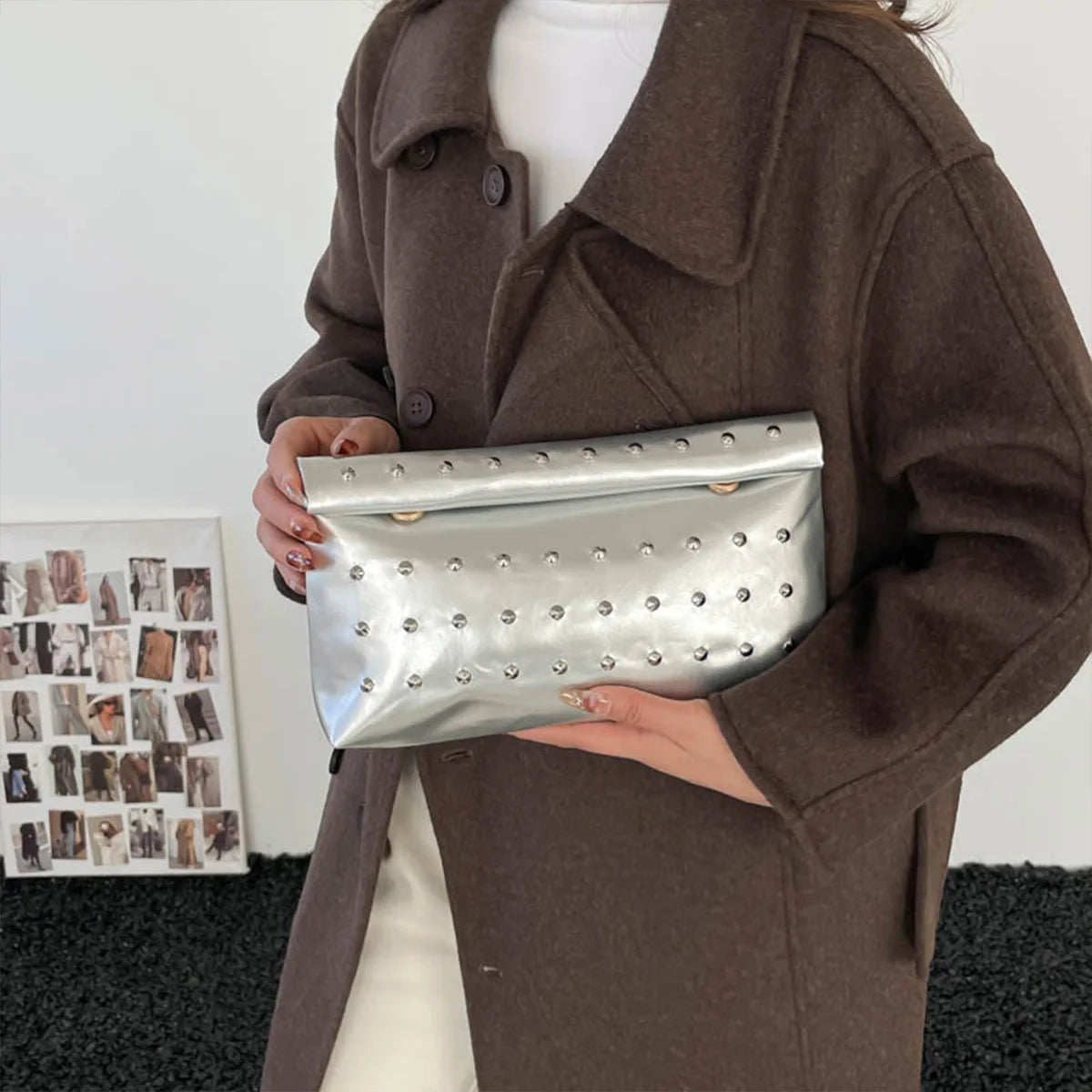 Light Luxury Clutch Bag Glitter Pu Leather Evening Rivet Solid Color Handbag Banquet Dance