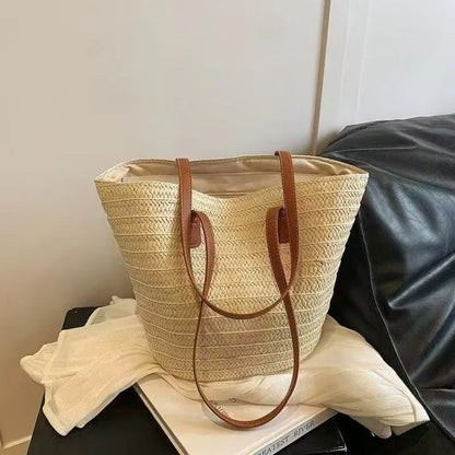 Summer Beach Casual Handbag Shoulder Bag Women Striped Straw Tote Bags Leather Handles