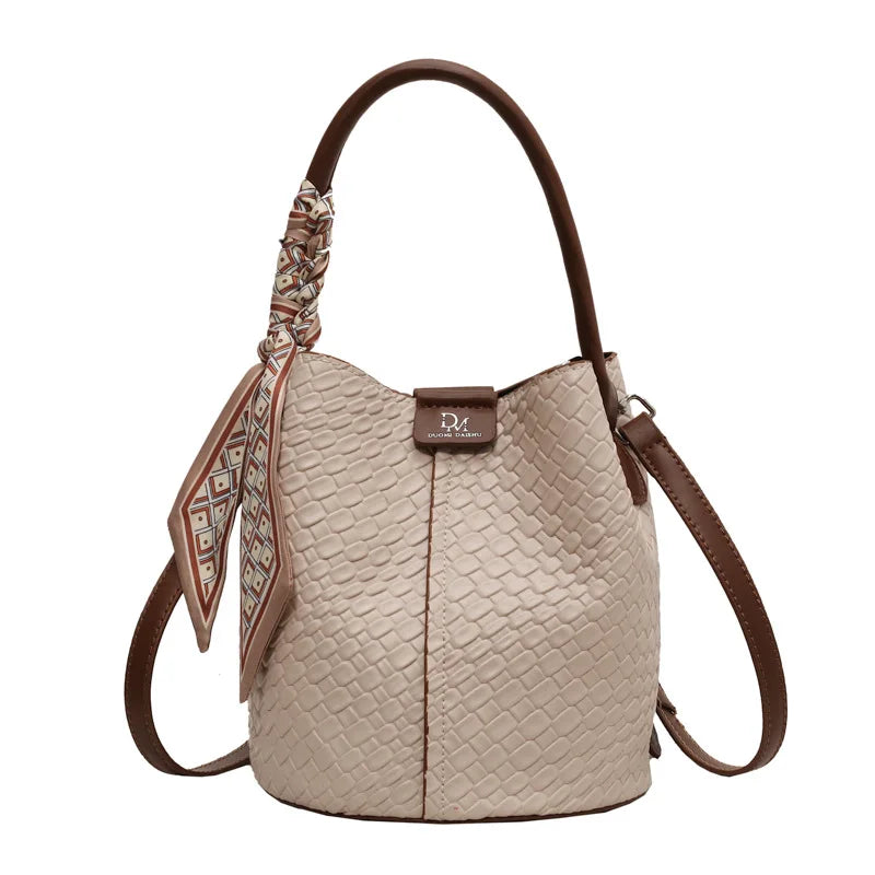 Stylish Women Bucket Tote Bag Solid Color Woven Effect Handbag Shoulder Crossbody Bag