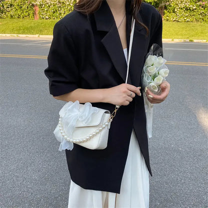 Pearl Lace Bow Collocation Pu Leather Small Tote Bag Women Daily Use Handbag Shoulder Cross Body