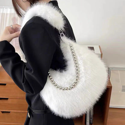 Luxurious Faux Fur Shoulder Bag - Chic Trendy Underarm Purse Pearl Chain Strap