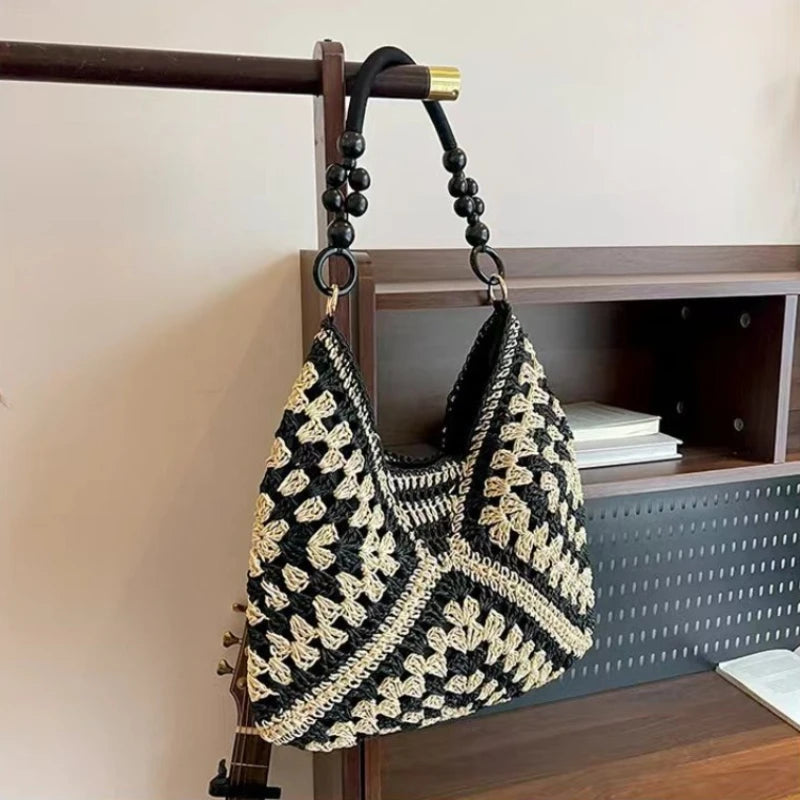 Crochet Woven Tote Bag – Wooden Bead Handle & Large Capacity