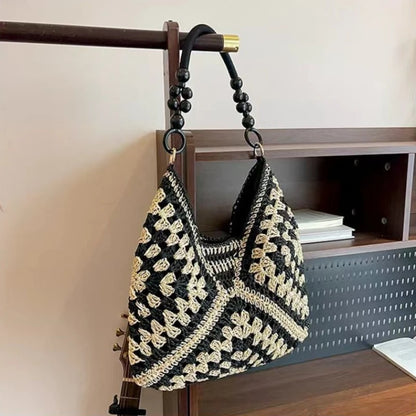 Crochet Woven Tote Bag – Wooden Bead Handle & Large Capacity