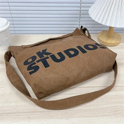 Washed Canvas Tote Shoulder Bag – Korean Style Women's Handbag
