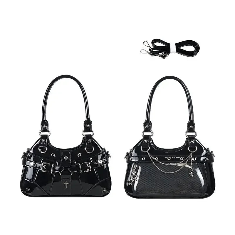 Y2K Ita Shoulder Bag – Transparent Pocket Underarm Handbag with Star & Cross Detail