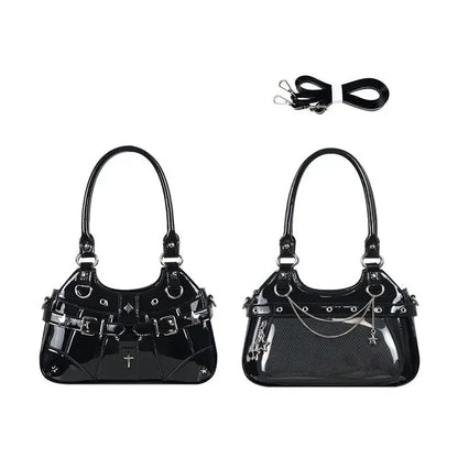 Y2K Ita Shoulder Bag – Transparent Pocket Underarm Handbag with Star & Cross Detail