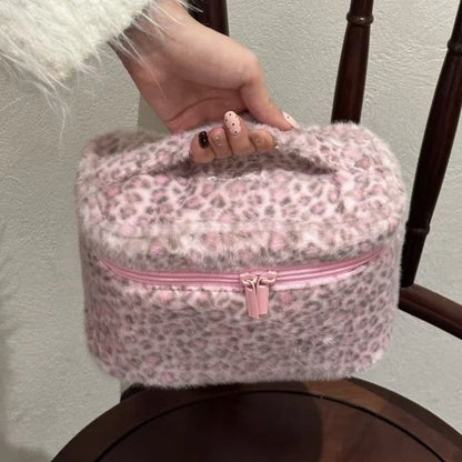 Ladies Cosmetic Bag Plush Leopard Cute Kawaii Makeup Hand-Held Large Capacity Multifunctional