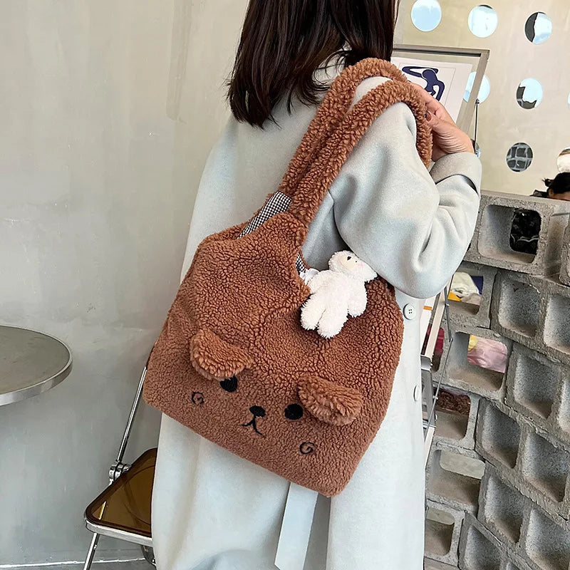 Fluffy Bear Tote Bag Women Cute Plush Shoulder Bag Large Capacity