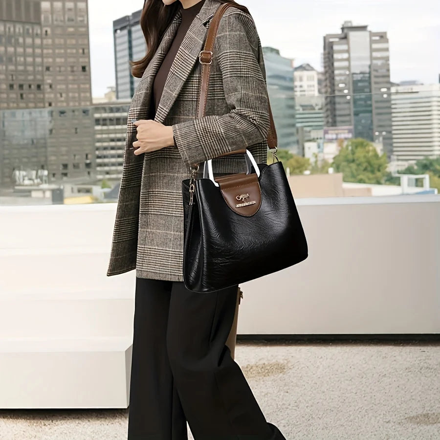 Leather Tote Bag – Vintage Two-Tone Crossbody Handbag for Women
