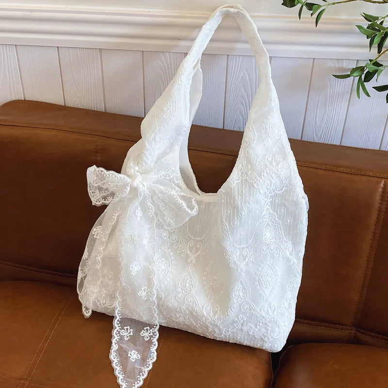 Floral Lace Tote Bag for Women – Soft White Shoulder Bag with Bow