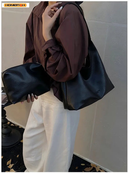 Retro Simple Large Women Tote Shoulder Bag Lightweight Daily Handbag Multi Pocket Shopping Work