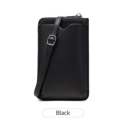 Litchi Pattern Soft Leather Vertical Mobile Phone Bag Ladies Shoulder Crossbody Multi-Card Storage