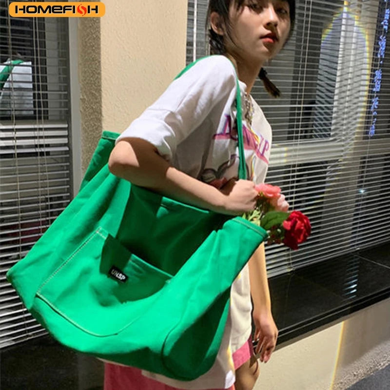 Homefish Canvas Tote Bag Women Simple Reusable Shopping Shoulder Handbag Daily Casual Use