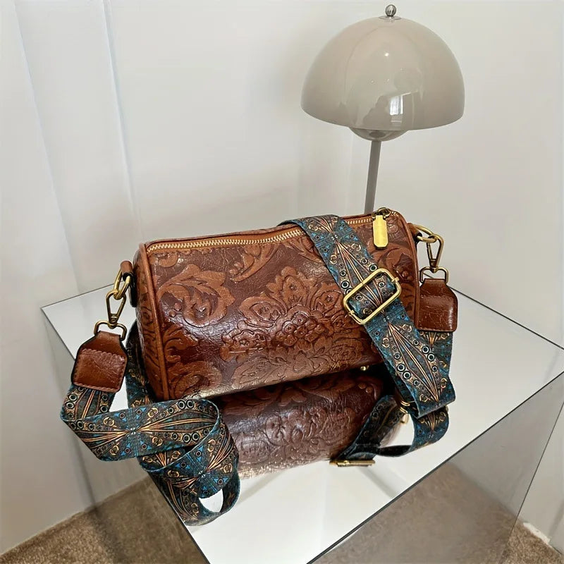 Retro Embossed Flower Leather Shoulder Bag Classic Cylinder Crossbody Bag Women Daily Use Party Work
