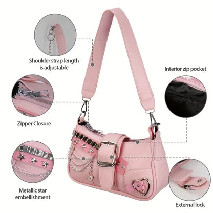 Y2K Korean Style Shoulder Bag with Chain & Star Studs