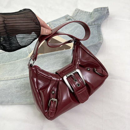 Simple Leather Shoulder Bag Big Metal Buckle Decor Side Strap Details Underarm Adjustable Wide Y2k