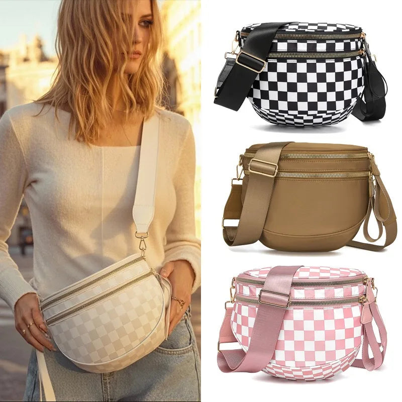 Checkered Saddle Crossbody Bag – Dual Zipper Shoulder & Waist Pack for Women