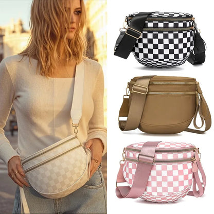 Checkered Saddle Crossbody Bag – Dual Zipper Shoulder & Waist Pack for Women