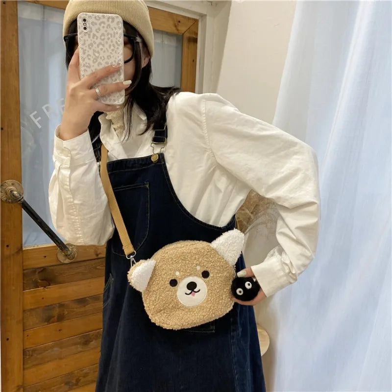 Cute Plush Bear Crossbody Bag – Soft Fluffy Purse with Bear Charm