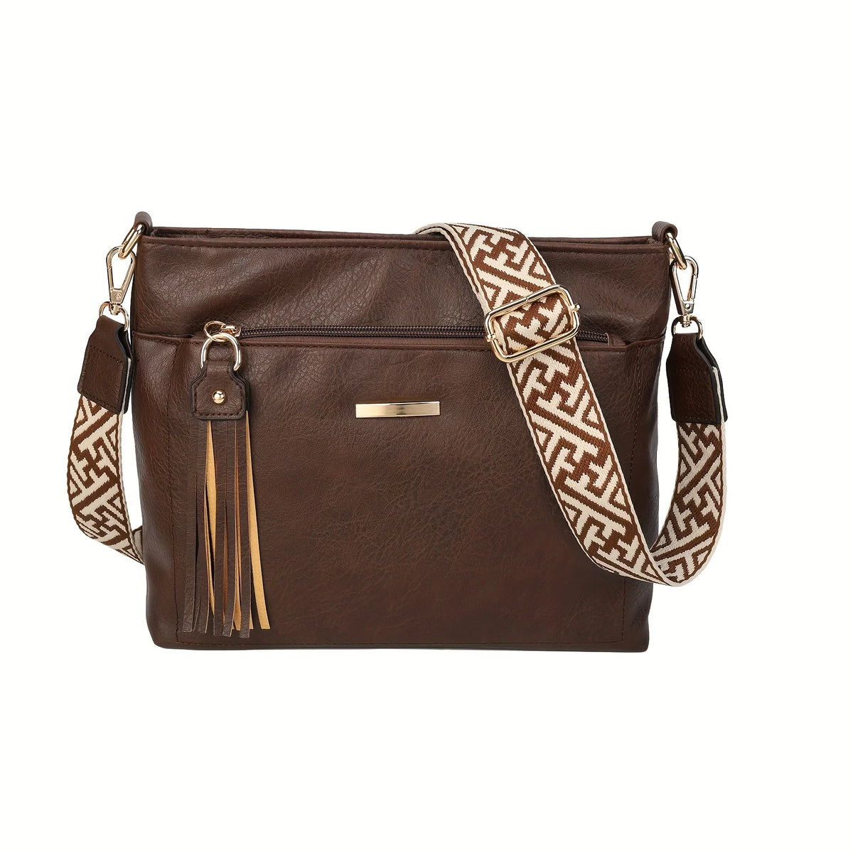 Textured Crossbody Bag – Faux Leather Shoulder Bag with Patterned Strap & Tassel Detail
