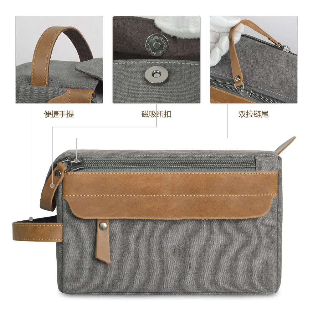 Travel Portable Large Capacity Storage Canvas Crazy Horse Leather Stitching Color Contrast Wash