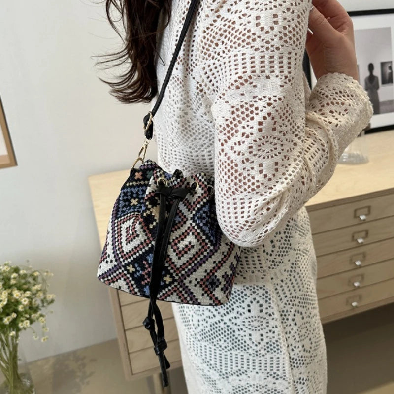 Floral Drawstring Bucket Bag for Women – Boho Crossbody Purse