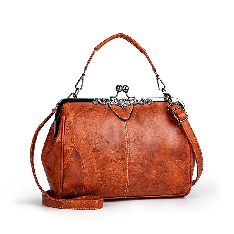 Vintage Kiss-Lock Handbag – Leather Crossbody Tote for Women