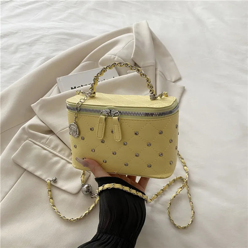 Quilted Mini Box Handbag Metal Chain Top Handle Crossbody Purse Camellia Charm