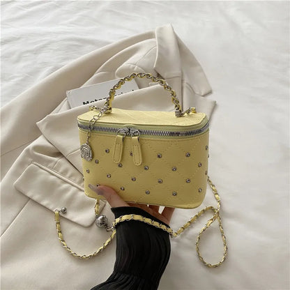 Quilted Mini Box Handbag Metal Chain Top Handle Crossbody Purse Camellia Charm