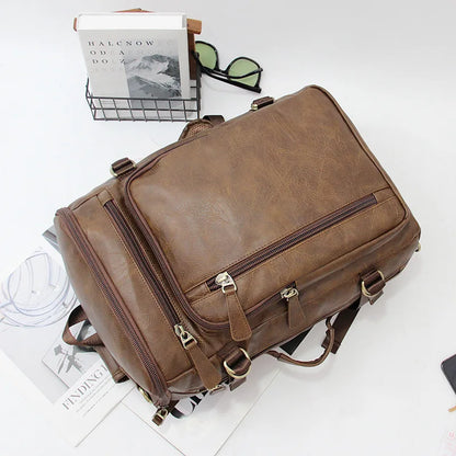 14-Inch Computer Bag Pu Leather Retro Multi-Functional Men S Backpack - Waterproof