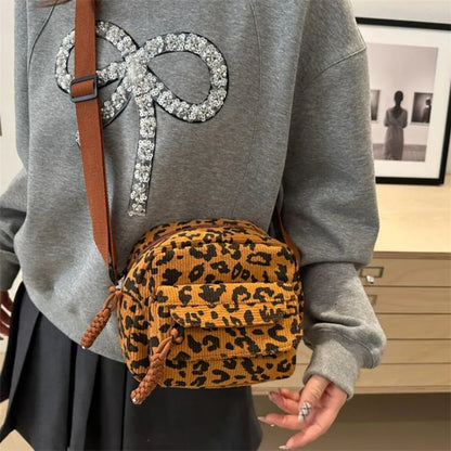 Leopard Print Corduroy Mini Crossbody Bag for Women