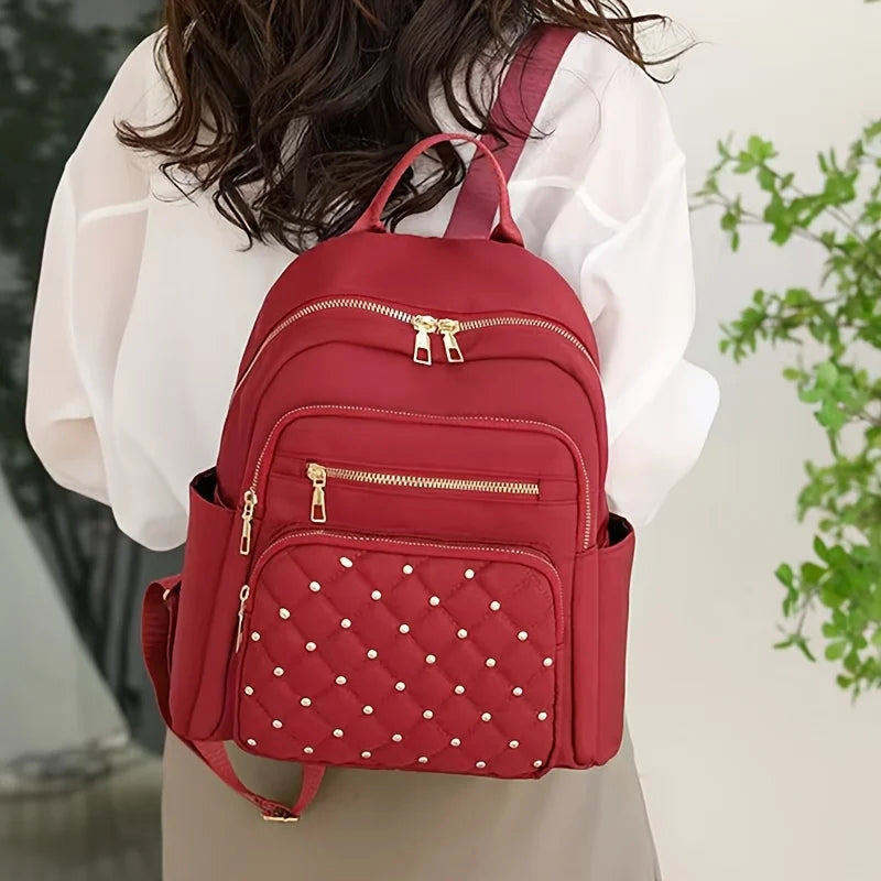Quilted Studded Women Backpack Multi Zipper Pocket Adjustable Wide Shoulder Strap Lightweight Casual