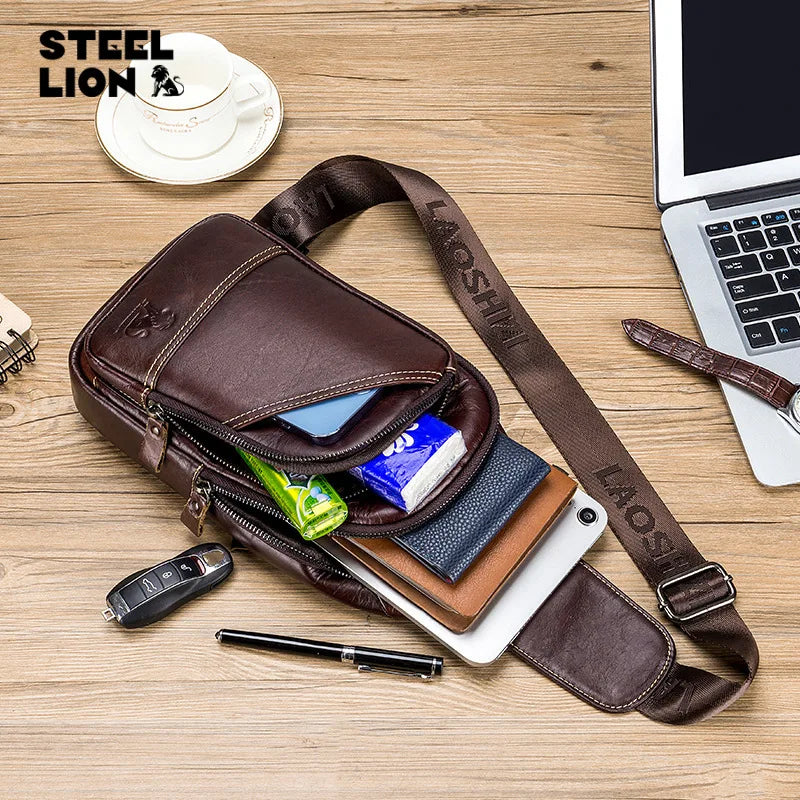 Men S Genuine Leather Chest Bag Top Layer Cowhide Casual Men S Crossbody Large Capacity