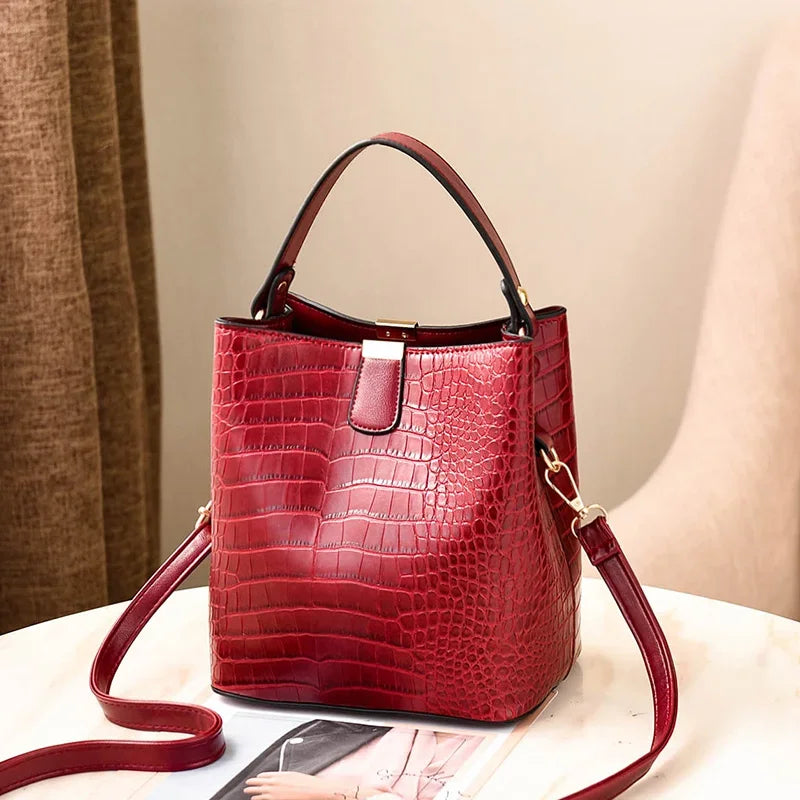 Crocodile Pattern Bucket Bag – Women's PU Leather Handbag & Crossbody Purse