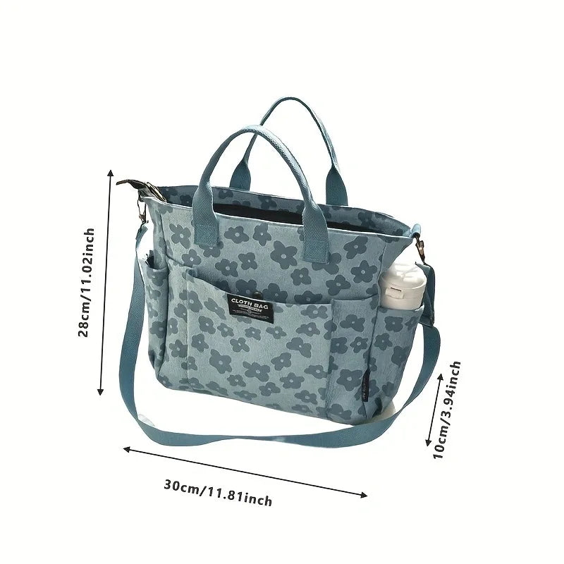 Floral Canvas Tote Bag with Multi-Pocket & Crossbody Strap