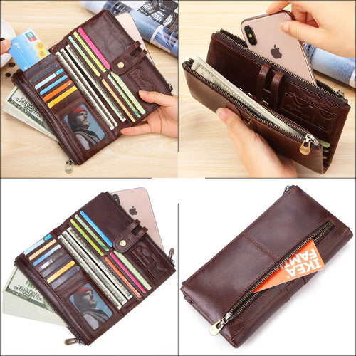 Men S Long Wallet Large Capacity Retro Real Leather Mobile Phone Storage Buckle Handheld Business