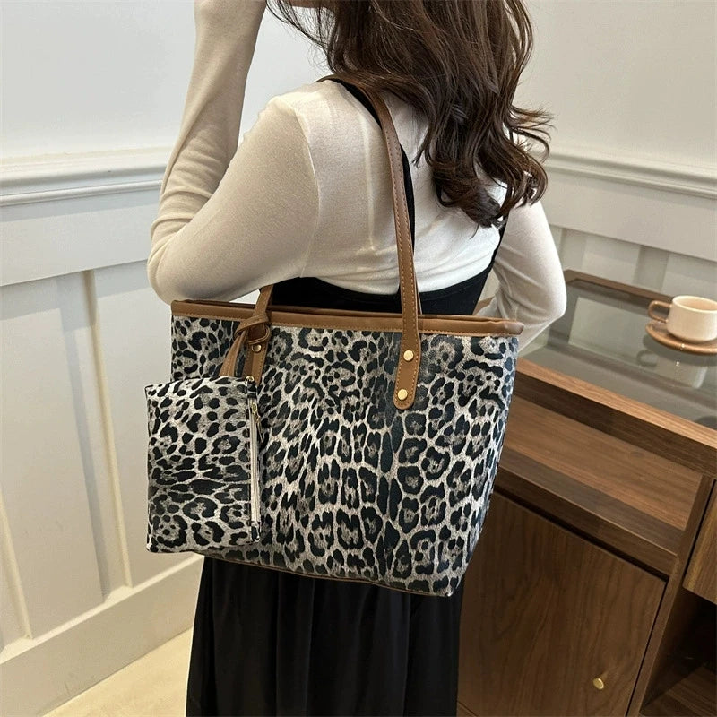 Leopard Tote Bag Pouch Stylish Synthetic Leather Handbag Shoulder Bag Large Capacity Shopping Bag